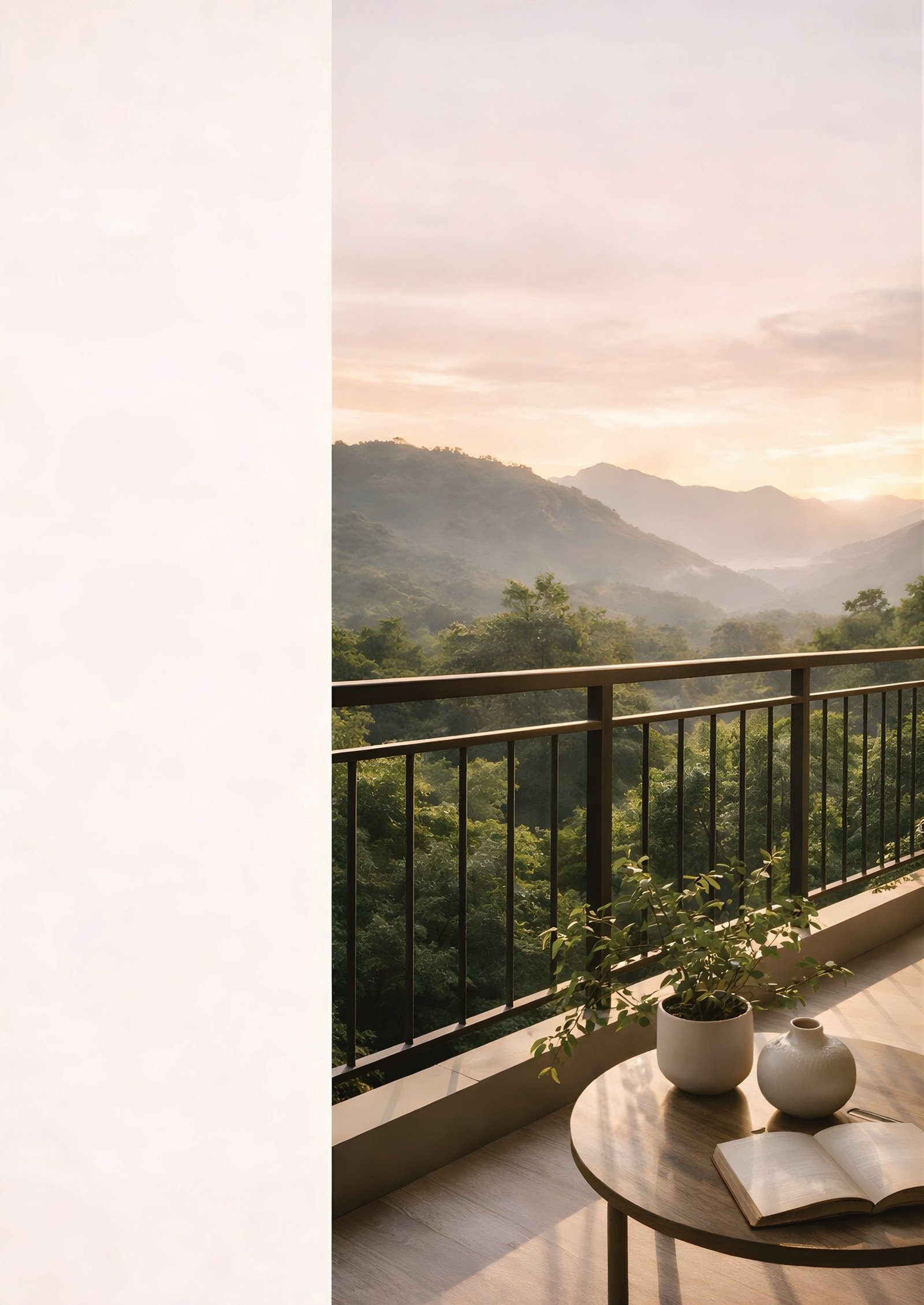 Open balcony overlooking a landscape at sunset